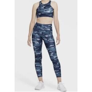 Nike Blue Camo Leggings and Sports Bra Set Womens sz L Workout Yoga DD1199-493